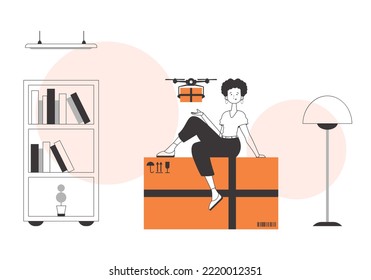 The girl sends a parcel with a drone. Drone delivery concept. Linear trendy style.