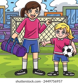Girl and a Senior Soccer Player Colored Cartoon 