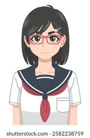 A girl in a serious summer sailor suit wearing glasses and smiling