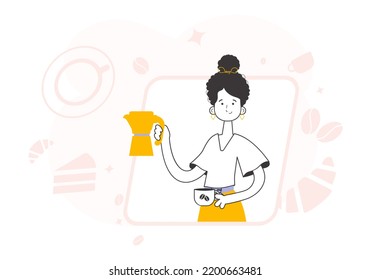 The girl serves coffee. Line art trendy style. Vector illustration.