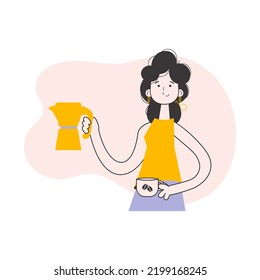 The girl serves coffee. Trendy style line art. Vector illustration.