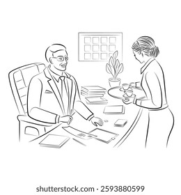 Girl serves two cups of tea, coffee on a tray to a male boss. Secretary in the office. Vector illustrations.