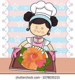 Girl Serving Japanese Salmon sashimi