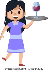 Girl serving wine, illustration, vector on white background.