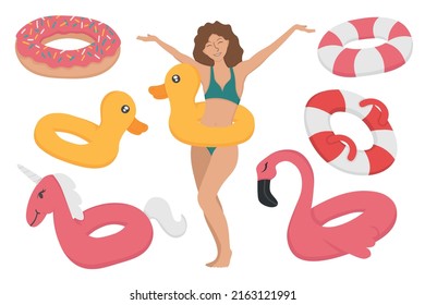 Girl with a set of beach circles for swimming. Doodle flat clipart. All objects are repainted.