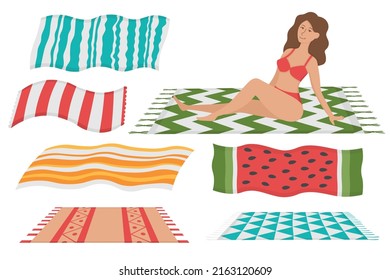 Girl with a set of beach towels for sunbathing. Doodle flat clipart. All objects are repainted.