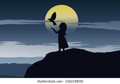 girl set bird to freedom stand on cliff on silent evening time and full moon,vector illustration