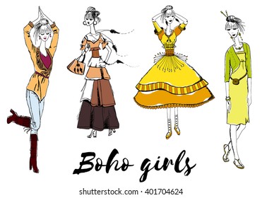 Girl set in boho or tribal style. Boho woman, boho girl, fashion model for your design project, t-shirt print, sale closing store