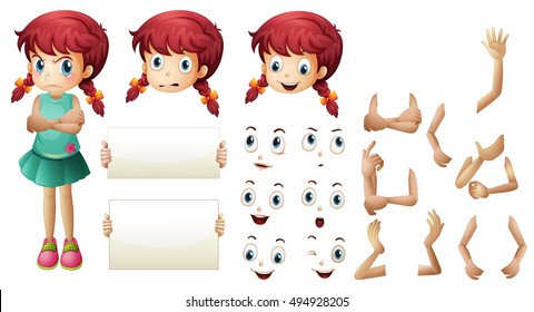 Girl set with different hand gestures and facial expressions illustration