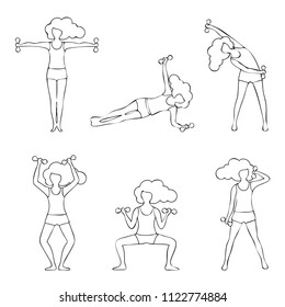 girl set doing exercises with dumbbells, young woman doing exercise, vector illustration,linear design