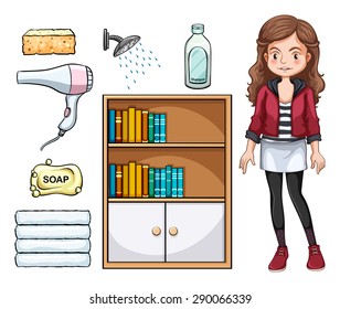 Muchacha y conjunto de objetos domésticos