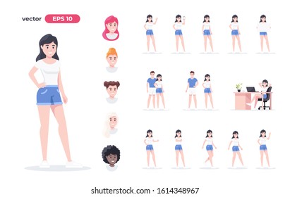 Girl set. Woman in summer clothes, shorts and a t-shirt. Cartoon people in different poses and actions isolated. Cute female character for animation. Simple design. Flat style vector illustration.