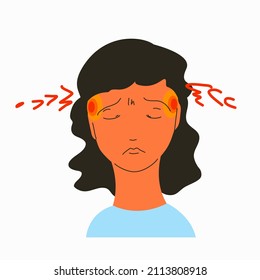 A girl with a severe headache in the temples.