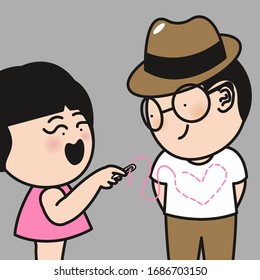 Girl Sewing An Embroidery Pink Heart Shaped On Her Lover Boy Shirt. Happy Couple Life Concept Card Character illustration