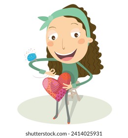 Girl sewing a heart. Vector Illustration.