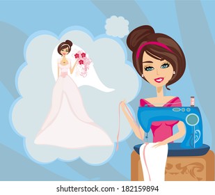 girl with sewing machine, dreams of a beautiful wedding dress 