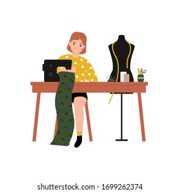 Girl at a sewing machine sews clothes. Flat vector cartoon modern illustration.