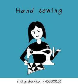 Girl sewing patchwork guilt on retro sewing machine. Black and white flat design on an blue background. Vector illustration. It can be used for the avatar, design; printing, label, emblem.