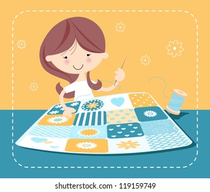 Girl Sewing Patchwork Quilt