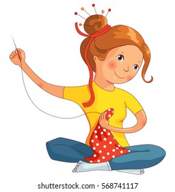 Girl Sewing, Seamstress Stitching, Hand Made, Cartoon Vector Illustration