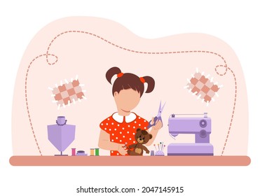 A girl is sewing a toy. Creative concept of needlework for work and hobby. A type of manual labor. Textiles. Flat cartoon style. Vector.