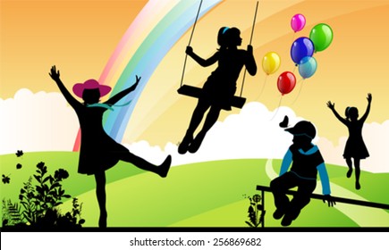 Girl shakes on a swing, children around