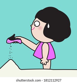 Girl Shakes The Sand Off Her High Heel Shoes After Enjoying A Beach. Concept Card Character illustration