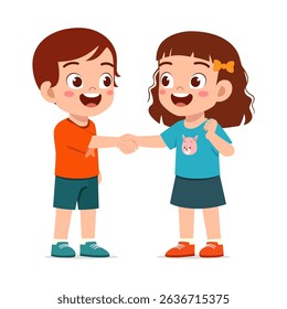 girl shaking hands, smiling with happiness, cute cartoon illustration style.