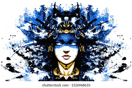Girl shaman painted in ritual patterns. 2D illustration