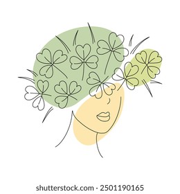 Girl with shamrocks on her head as hairstyle and spots in Irish flag shades. St Patrick day greeting