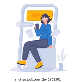 A girl share news on mobile phone, Reading news information updates, Vector illustration