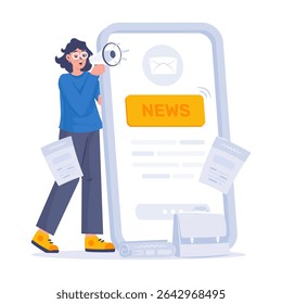 A girl shares news on mobile phone, Mass mailing update, Business newsletter, Vector illustration