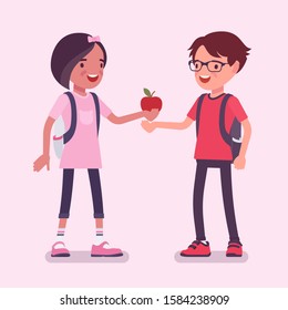 Girl Sharing Apple With Boy Friend. Child Giving Red Fruit Of Knowledge, Wisdom, Mutual Trust, Kindness And Support Between Teens, Gesture Providing Love, Care. Vector Flat Style Cartoon Illustration