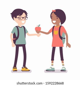 Girl Sharing Apple With Boy Friend. Child Giving Red Fruit Of Knowledge, Wisdom, Mutual Trust, Kindness And Support Between Teens, Gesture Providing Love, Care. Vector Flat Style Cartoon Illustration