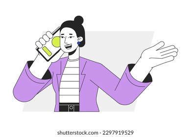 Girl sharing good news via phone call flat line vector spot illustration. Gen X woman with cellphone 2D cartoon outline character on white for web UI design. Editable isolated colorful hero image