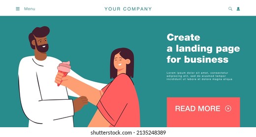 Girl sharing ice cream with male friend. Young woman giving sweet dessert to man flat vector illustration. Friendship, happy time together concept for banner, website design or landing web page