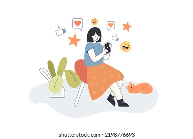 Girl sharing likes and feedback on social media. Happy person sitting in chair with mobile phone flat vector illustration. Influence, internet concept for banner, website design or landing web page