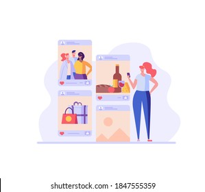 Girl sharing stories with life moments in social network. Successful blogger making post in internet. Social media influencer creating quality content. Vector illustration in flat design for web, app