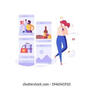 Girl sharing stories with life moments in social network. Successful blogger making post in internet. Social media influencer creating quality content. Vector illustration in flat design for web, app