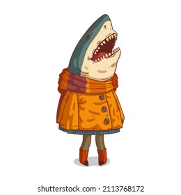 A girl shark, isolated vector illustration. Cartoon humanized hipster shark. Anthropomorphic warm dressed female shark standing still with open mouth. An animal character with a human body