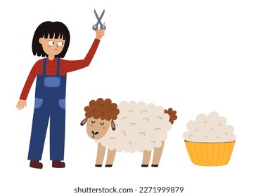 Girl shearing sheep set with cute farm characters. Farmer cutting the sheep wool print in cartoon style. Vector illustration