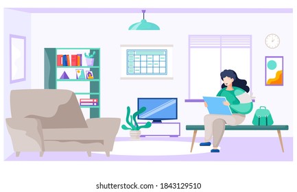 A girl with sheets of paper in her hands is resting at home. Student prepares for her studies at a distance. Young woman spends time in her apartment. Female character sitting with portfolio or album