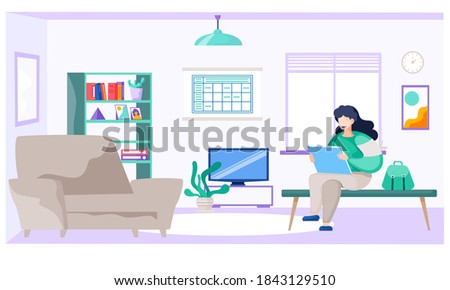 A girl with sheets of paper in her hands is resting at home. Student prepares for her studies at a distance. Young woman spends time in her apartment. Female character sitting with portfolio or album
