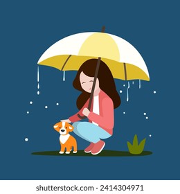 a girl shelters a puppy from the rain under an umbrella