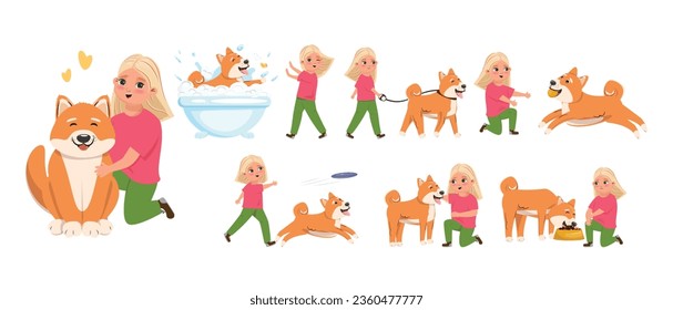 Colección de ilustraciones de Girl with Shiba Inu. Chica rubia cuidando de un perro y jugando con él. Amistad entre personas y animales
