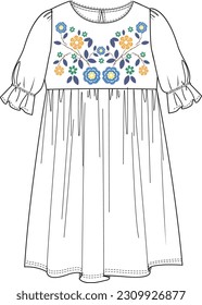 girl shirred frill sleeve embroidery detail dress technical drawing vector