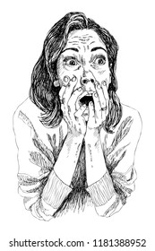 A Girl in shocked emotion. Woman holds a hand near her mouth. The girl is scared. High detailed hand drawing vector illustration.