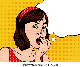 A Girl  in shocked emotion. Woman holds a hand near her mouth. The girl is scared. Speech bubble over background of pop art style