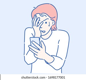 A Girl shocked expression after she reading the message on the mobile phone, she has anxious faces. Hand drawn in thin line style, vector illustrations.