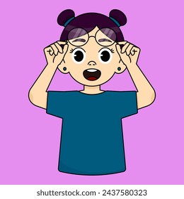 The girl is shocked and surprised while raising her glasses